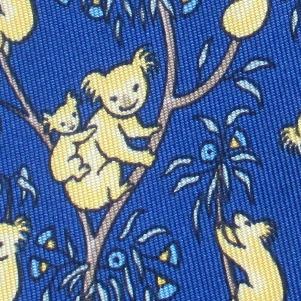 100% REAL HERMES TIE ~ LIGHT BLUE w PLAYFUL KOALA BEAR FAMILY IN EUCALYPTUS TREE